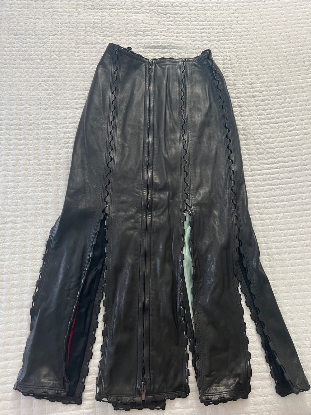 Alaia Black Leather Midi Skirt with Red Trim and Pink & Mint Lining